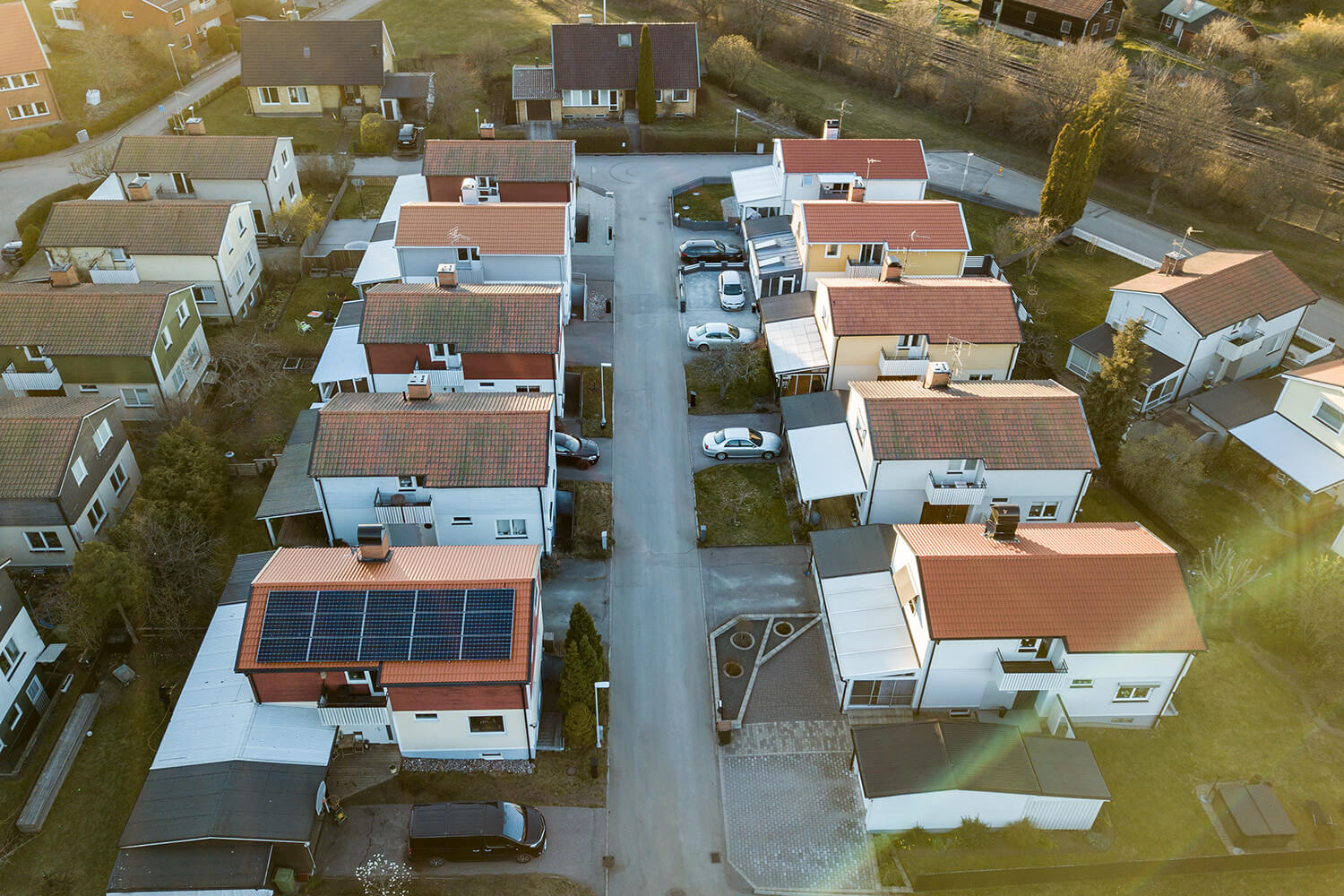 Drone view, high above housing development.